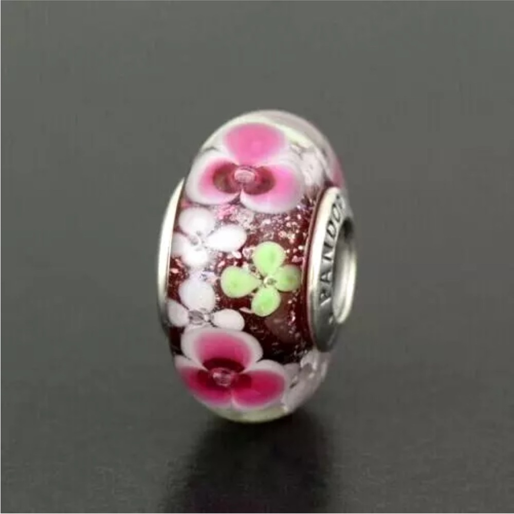 Pandora Pink and Silver Charm Bracelet, Spring Flower Garden Murano Glass Charm - Picture 2 of 5